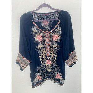 Johnny Was Navy Floral Embroidered Tunic